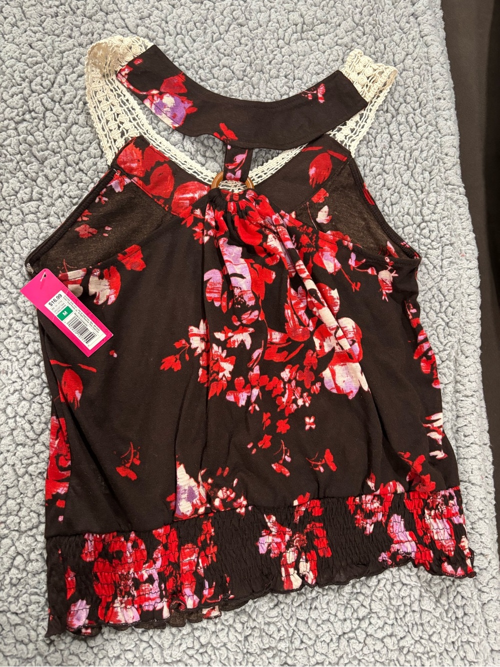 Xhilaration Black Tank Top with Red and Pink Floral Print